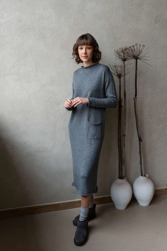 Longline Merino Wool Dress With Turn-Up Trims Grey Summer unclassified dresses