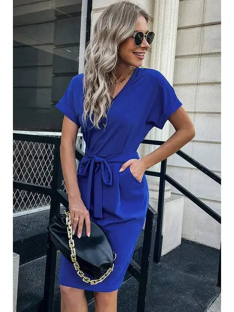 Charming Transformation Blue Belted V-Neck Dress Chiffon unclassified dresses
