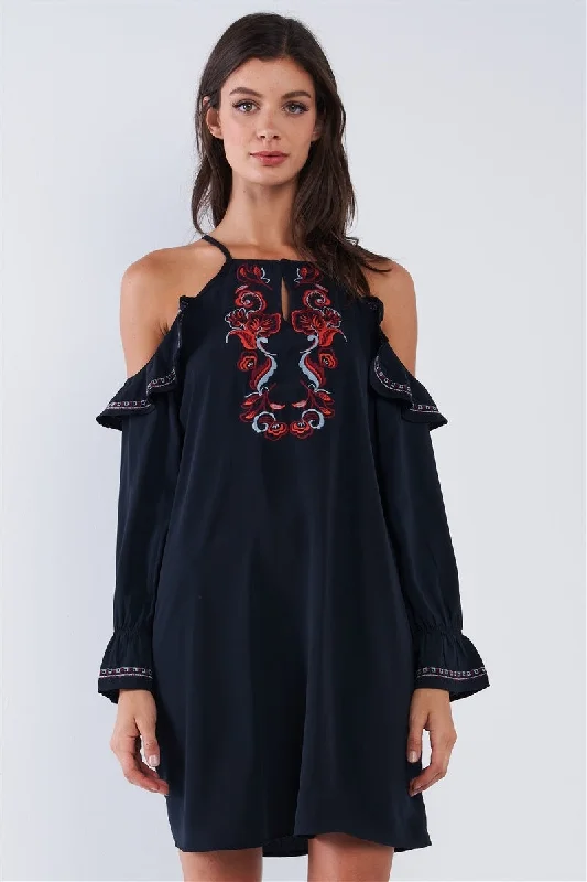 Black Boho Multicolor Traditional Slavic Inspired Floral Embroidery Loose Fit Ruffle Off-the-shoulder Long Sleeve Mini Dress Designer unclassified dresses