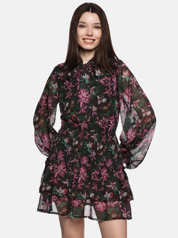 Floral Multicolor Tie- Knot Smocked Dress-17406 Chic unclassified dresses