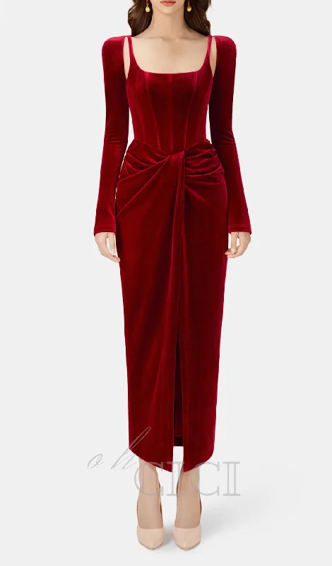 Bordeaux Velvet Draped midi Dress Casual unclassified dresses
