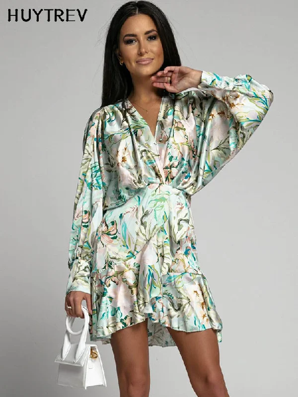 Fashion Ruffle Flower Print Irregular Dress For Women 2022 Spring Autumn Batwing Long Sleeve Elegant Office Ladies Mini Dresses Sequin unclassified dresses