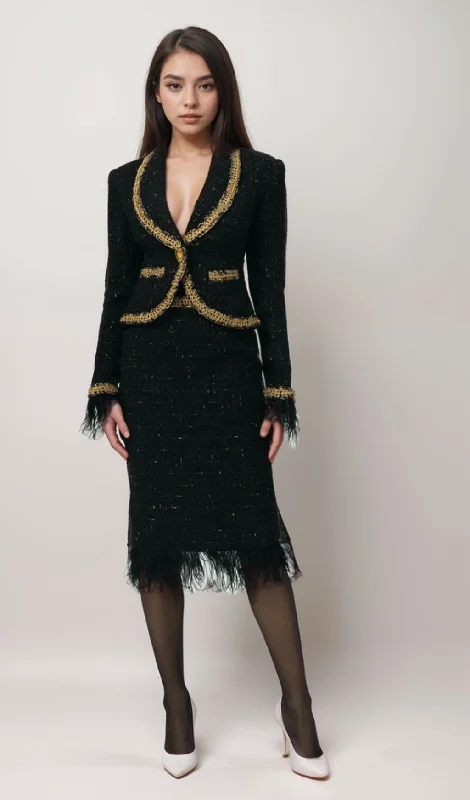 Black Tweed Blazer and Skirt Set with Gold Trim and Feather Detailing Breathable unclassified dresses