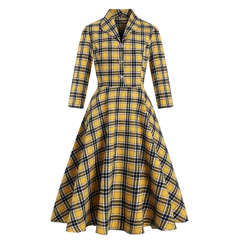 Autumn Retro 50s A Line Party Dress Plaid Print Cotton Shirt Robe Femme Single Button 3/4 Sleeve Hepburn Pin Up Swing Dresses Cocktail party dresses
