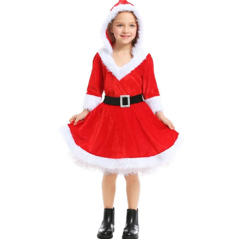 Kids Girls Red Velvet Santa Claus Hoodies Dress with Belt Christmas Cosplay Costume New Year Child Xmas Party Fancy Dress Comfortable party dresses for all-night wear