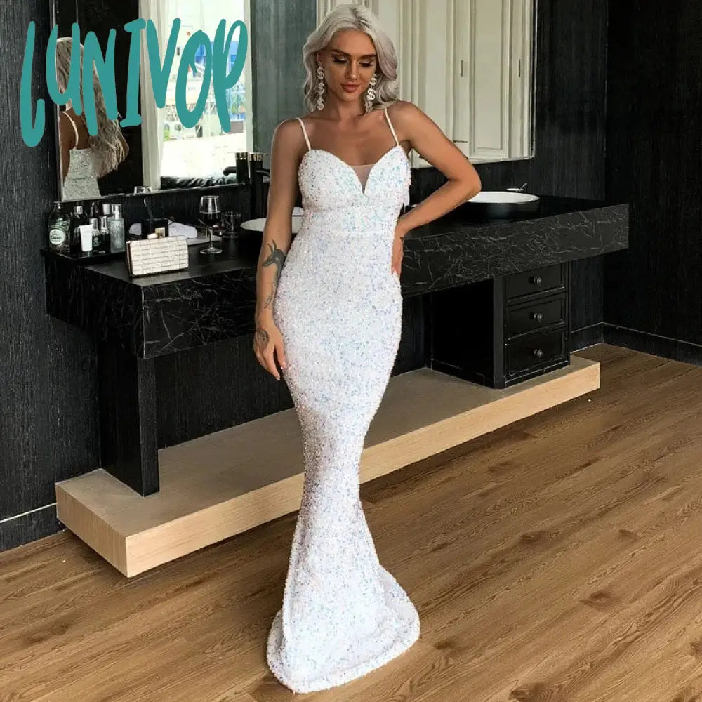 Lunivop Spaghetti Straps Sequins Sparkle Floor-Length Wedding Evening Dress Sexy Mermaid Court Party Gown Arab Custom Formal Wedding Dress