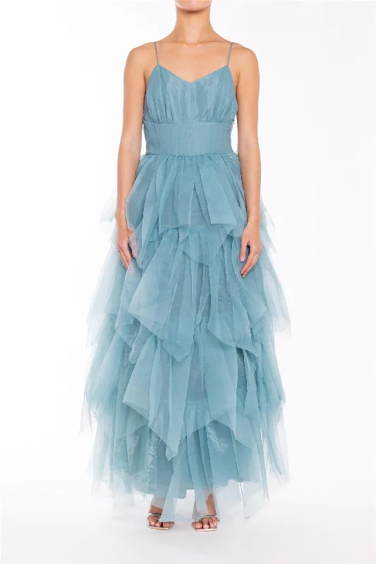 Saige Mineral Blue V-neck Tiered Tulle Maxi Dress Maxi Skirt Collection