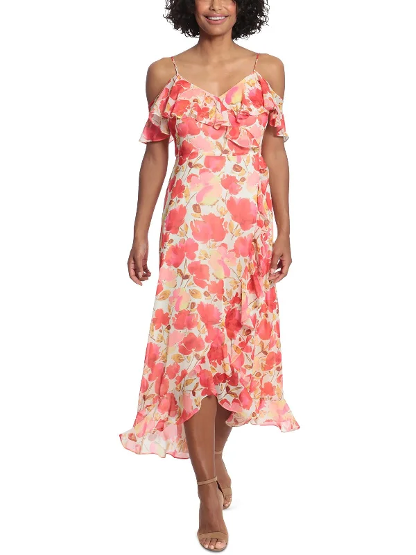 Petites Womens Chiffon Faux Wrap Midi Dress Pleated Midi Skirt